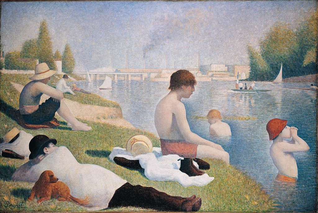 London National Gallery Top 20 19 Georges Seurat - Bathers at Asnieres Georges Seurat - Bathers at Asnieres, 1884, 201 x 300 cm. This work shows a group of young factory workers relaxing on the riverbank at Asni�res, an industrial suburb west of Paris on the River Seine. Although he hadn�t invented his pointillist technique yet, the artist later reworked areas of this picture using dots of contrasting colour to create a vibrant, luminous effect. For example, dots of orange and blue were added to the boy's hat.